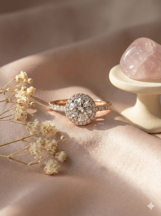 The Rose Gold Round Diamond Halo Pave Engagement Ring