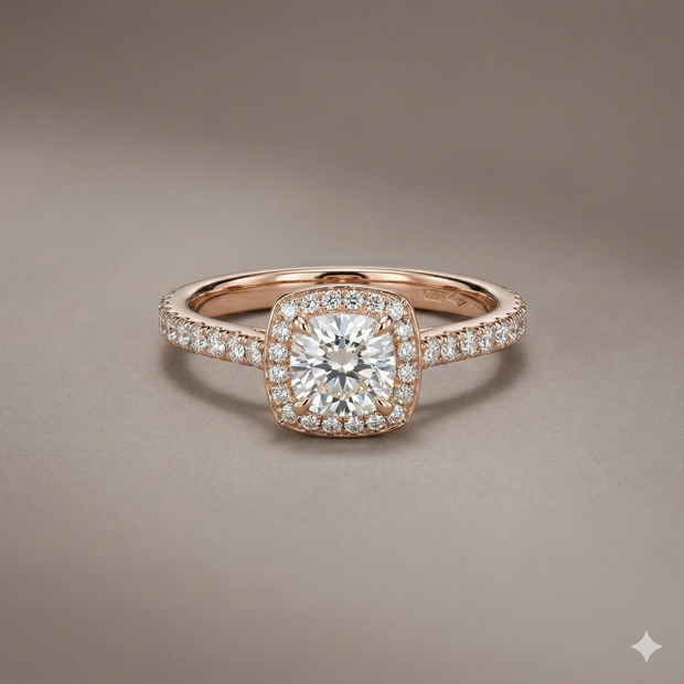 The Rose Gold Round Diamond Cushion Halo Engagement Ring