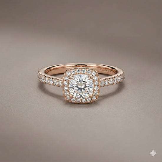 The Rose Gold Round Diamond Cushion Halo Engagement Ring