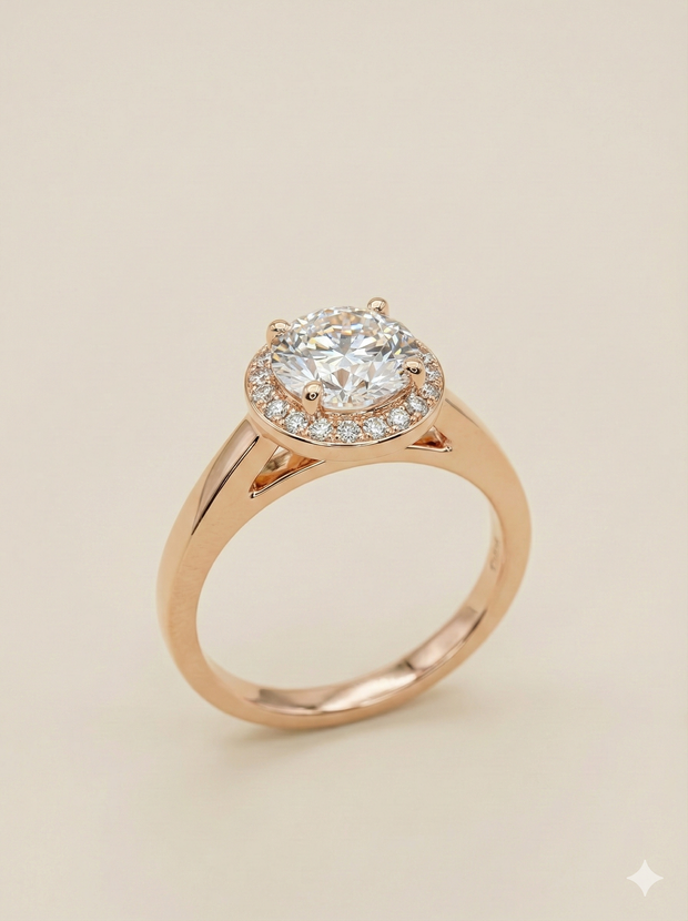 The Rose Gold Round Diamond Split Shank Halo Ring