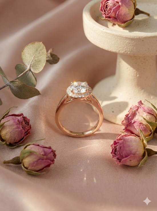 The Rose Gold Round Diamond Split Shank Halo Ring