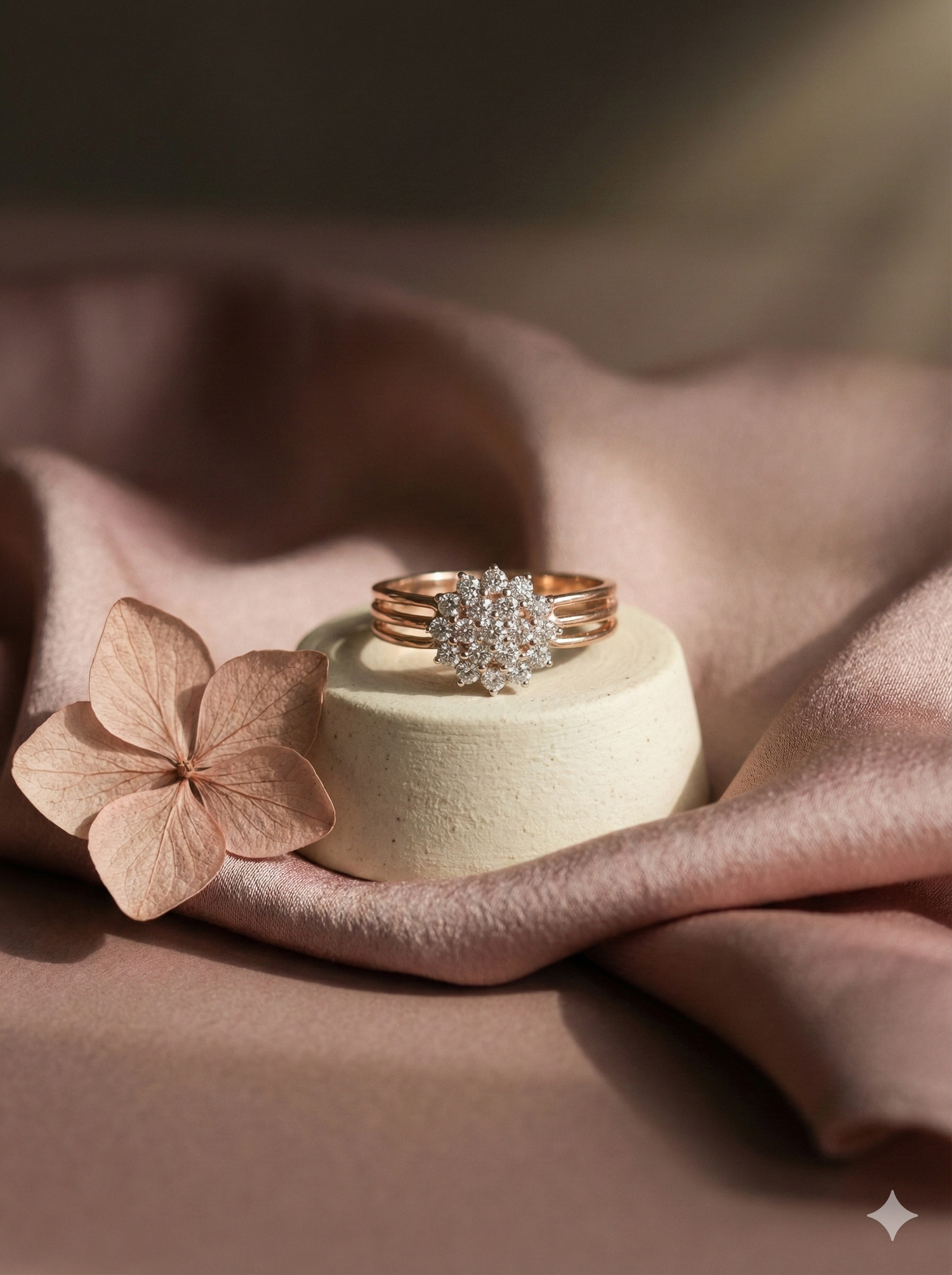 The Rose Gold Triple Band Diamond Floral Ring