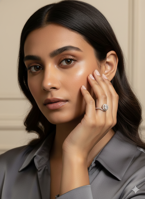 The Celestial Swirl Halo Ring in Rose Gold