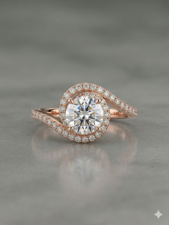 The Celestial Swirl Halo Ring in Rose Gold