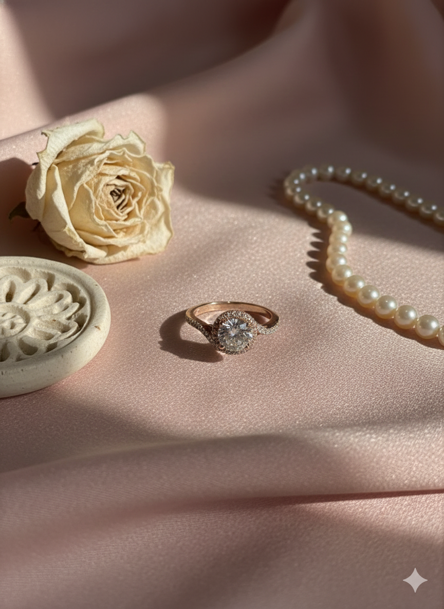 The Celestial Swirl Halo Ring in Rose Gold