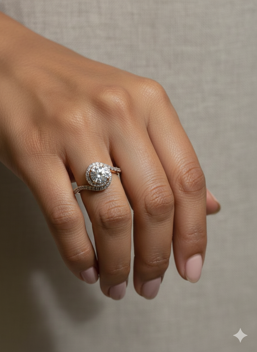 The Celestial Swirl Halo Ring in Rose Gold