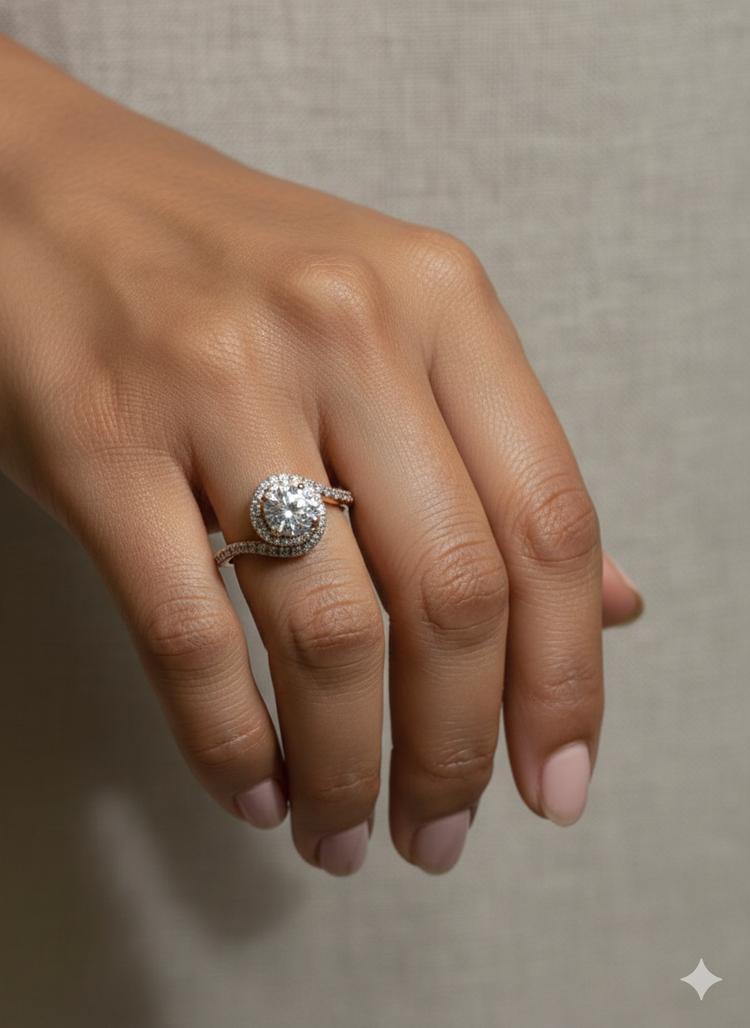 The Celestial Swirl Halo Ring in Rose Gold