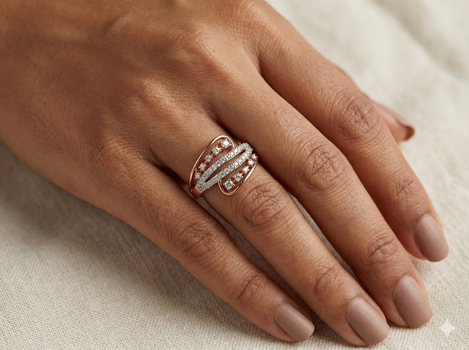 The Rose Gold Diamond Wave Crossover Ring