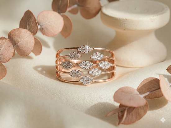 The Rose Gold Multi-Row Diamond Leaf Statement Ring
