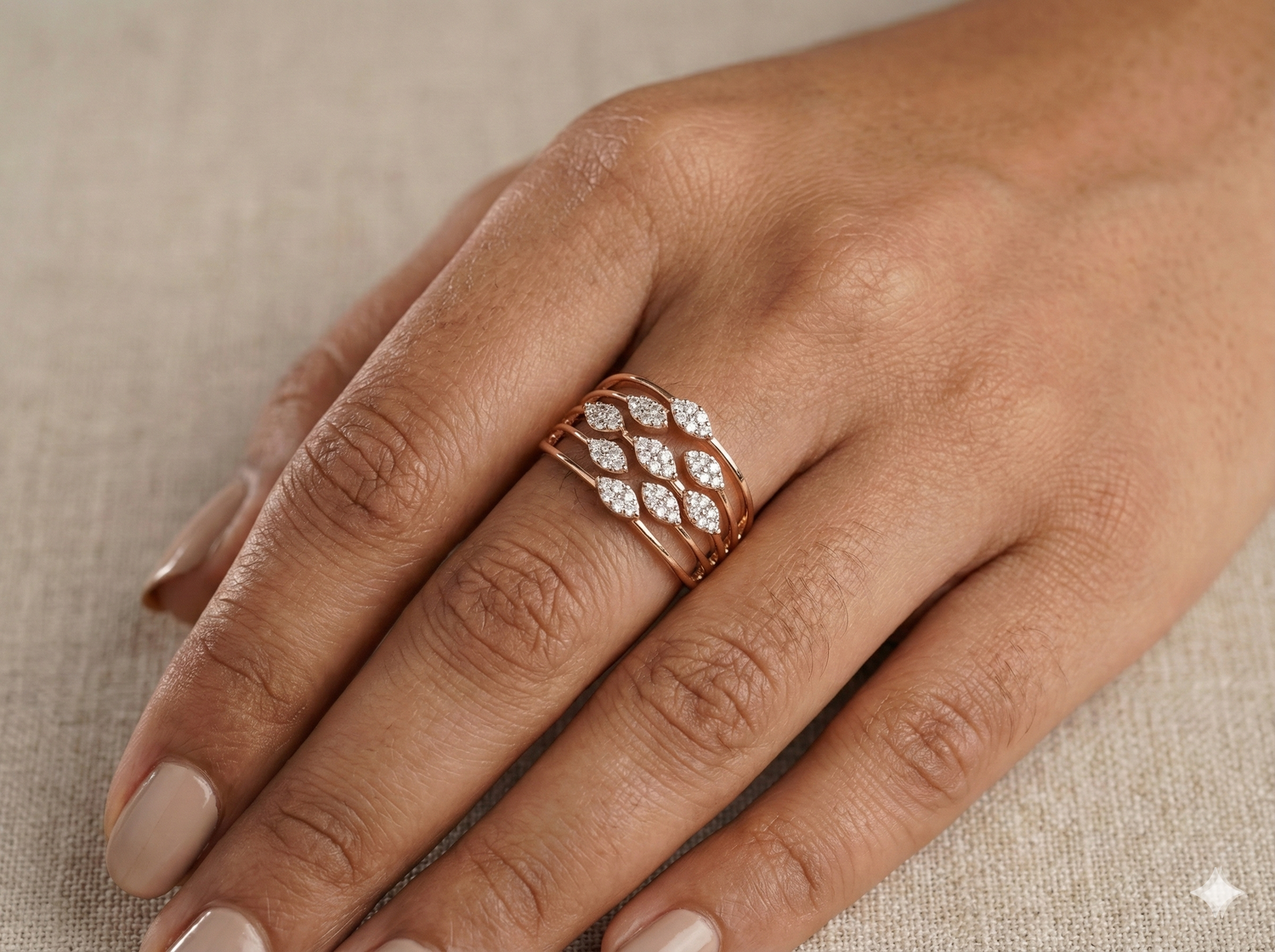 The Rose Gold Multi-Row Diamond Leaf Statement Ring