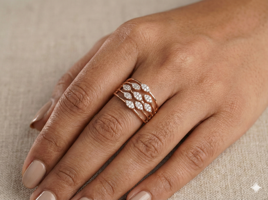 The Rose Gold Multi-Row Diamond Leaf Statement Ring