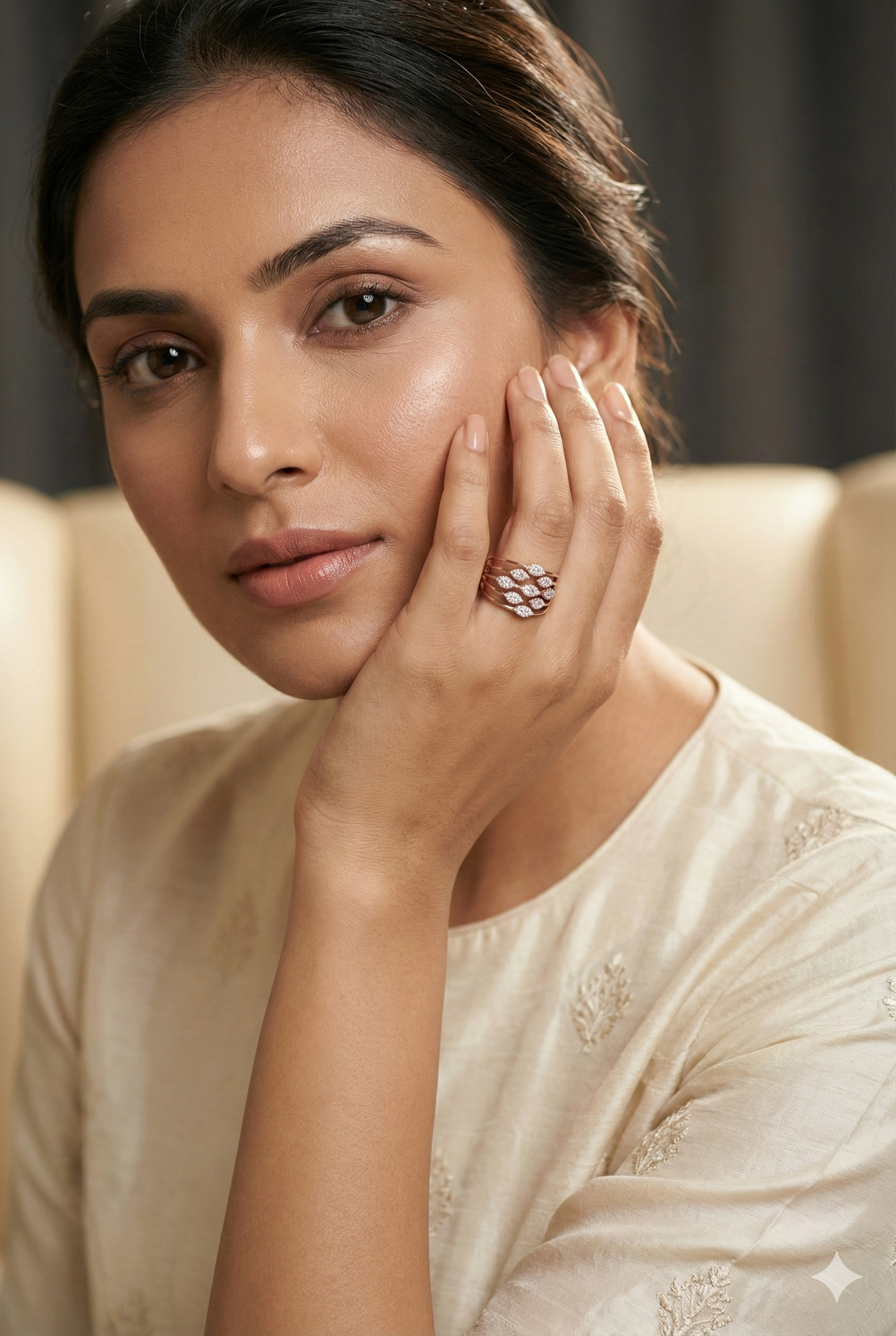 The Rose Gold Multi-Row Diamond Leaf Statement Ring