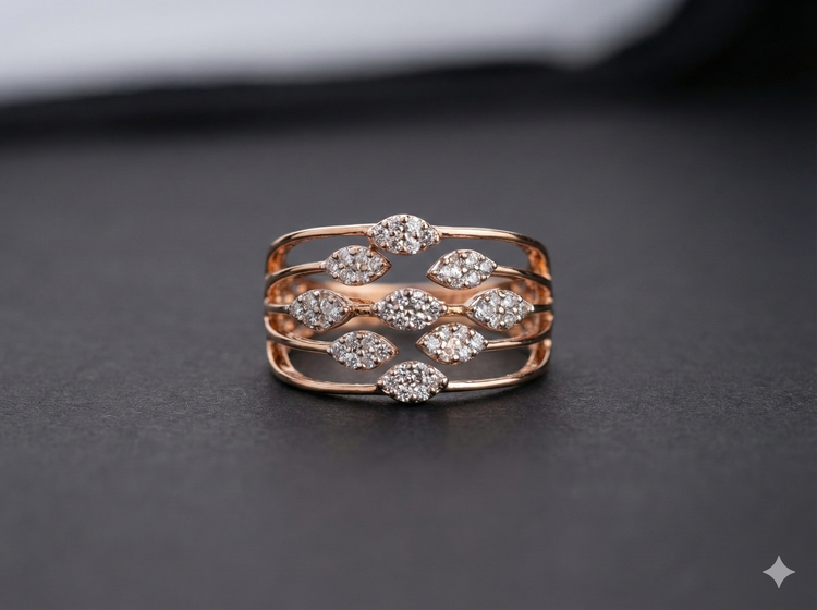 The Rose Gold Multi-Row Diamond Leaf Statement Ring