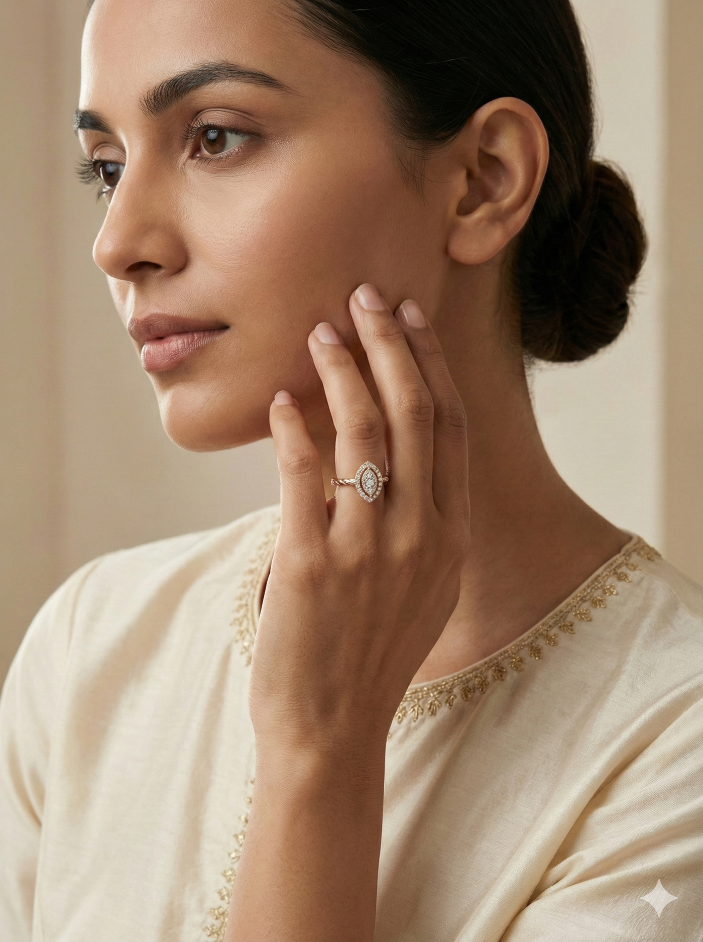 The Rose Gold Marquise Cluster Diamond Ring with Textured Band