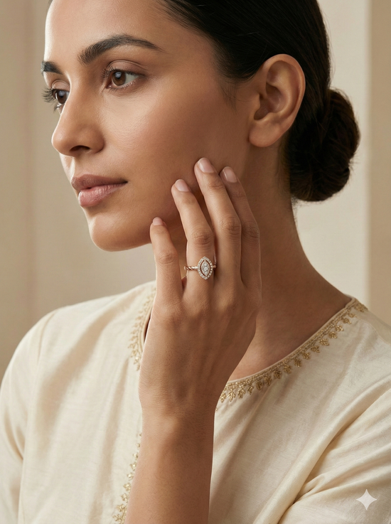The Rose Gold Marquise Cluster Diamond Ring with Textured Band