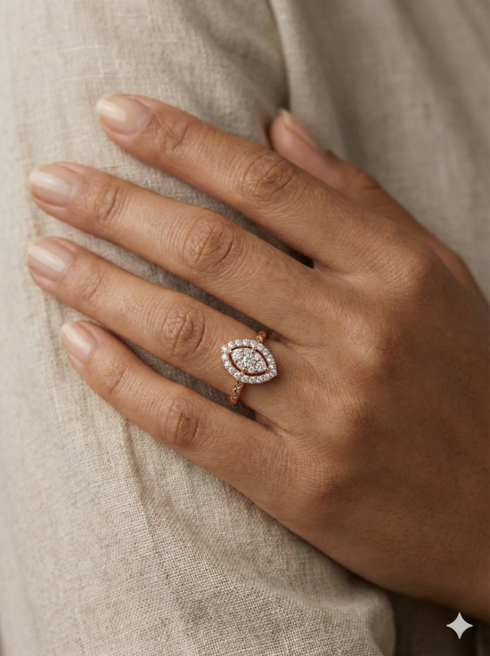 The Rose Gold Marquise Cluster Diamond Ring with Textured Band