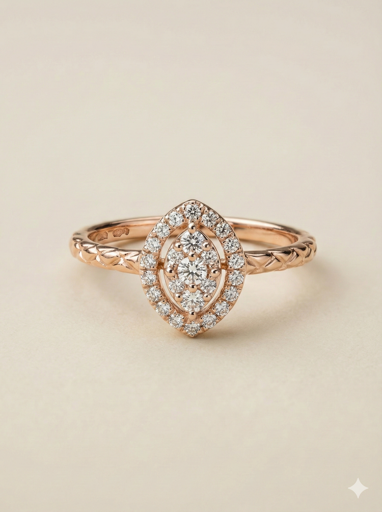 The Rose Gold Marquise Cluster Diamond Ring with Textured Band