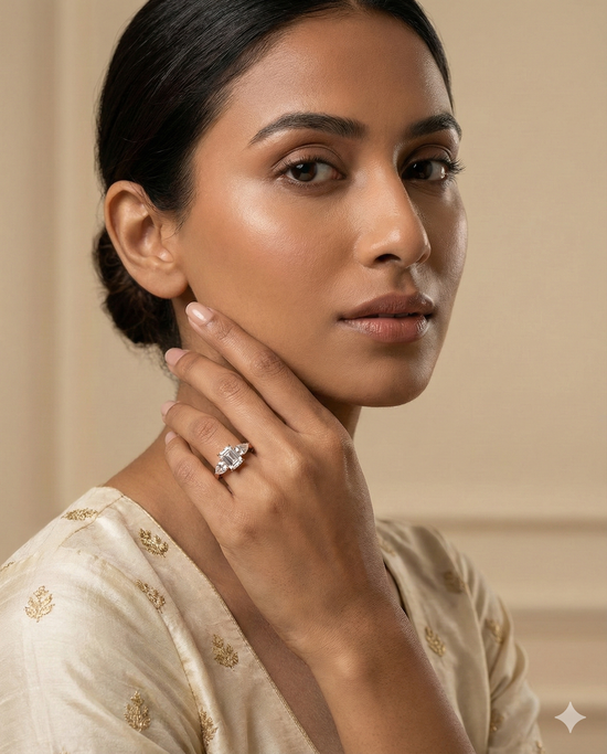 The Rose Gold Emerald & Pear Diamond Three-Stone Ring