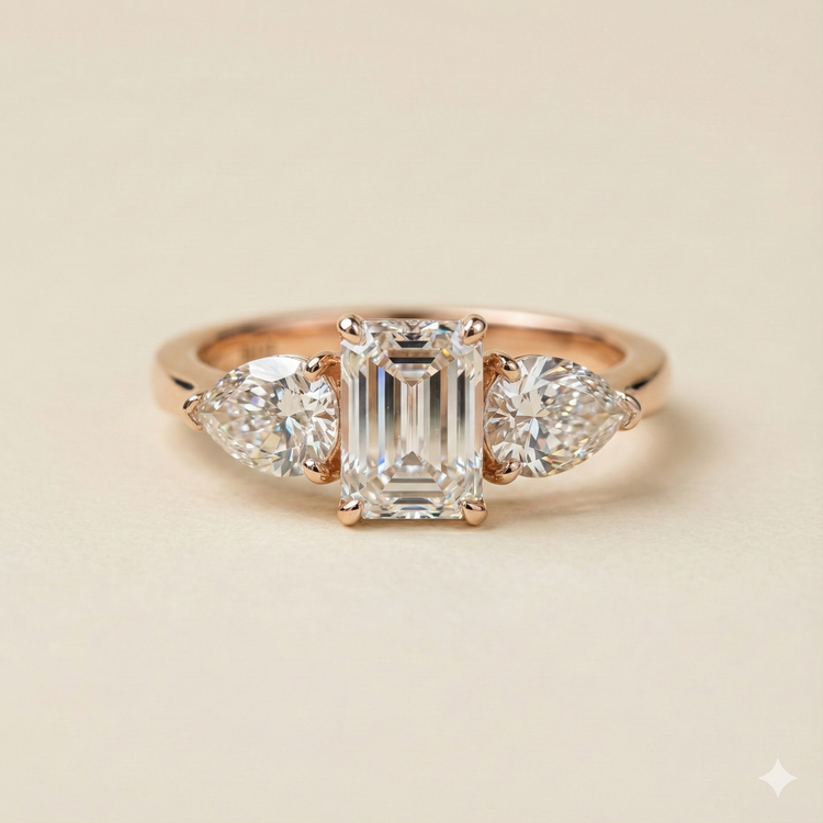 The Rose Gold Emerald & Pear Diamond Three-Stone Ring