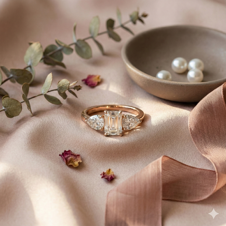 The Rose Gold Emerald & Pear Diamond Three-Stone Ring