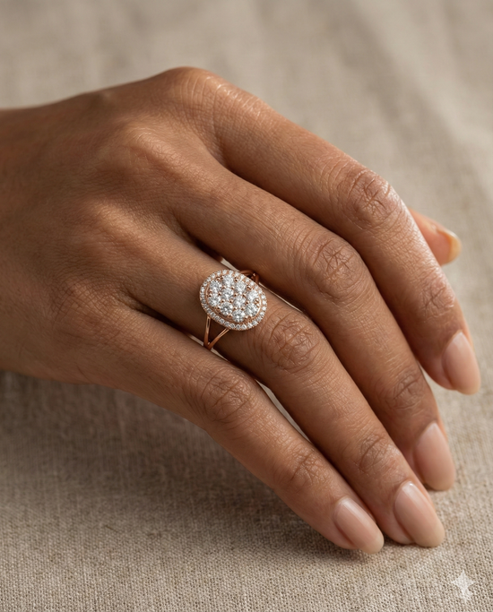 The Rose Gold Oval Cluster Halo Split Shank Ring