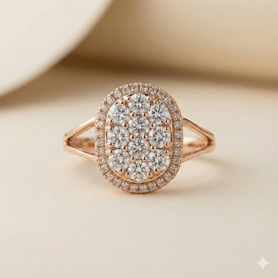 The Rose Gold Oval Cluster Halo Split Shank Ring