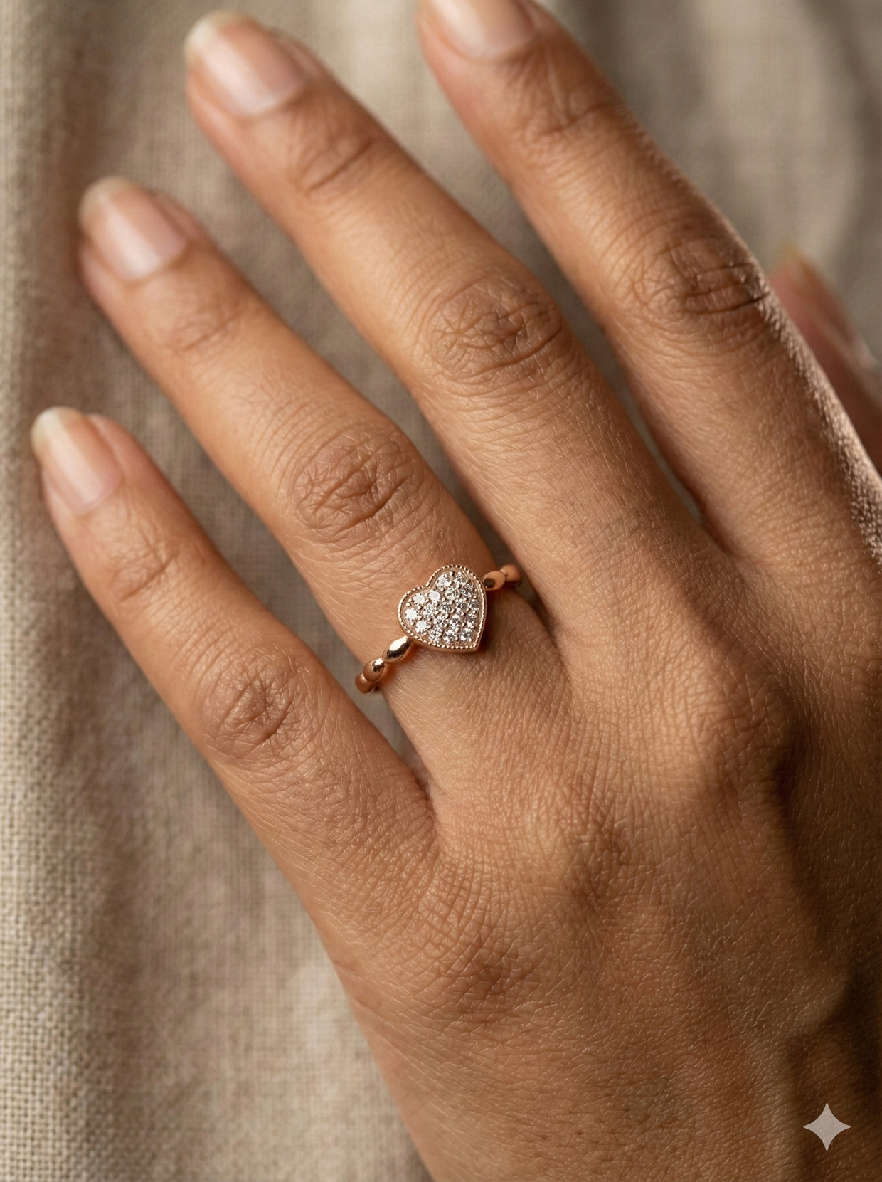 The Rose Gold Pave Heart Diamond Ring with Beaded Band