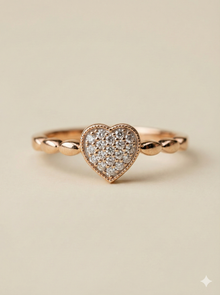 The Rose Gold Pave Heart Diamond Ring with Beaded Band