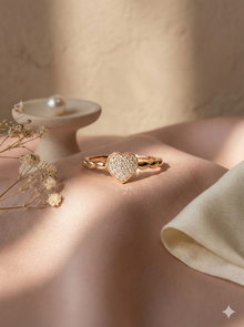 The Rose Gold Pave Heart Diamond Ring with Beaded Band