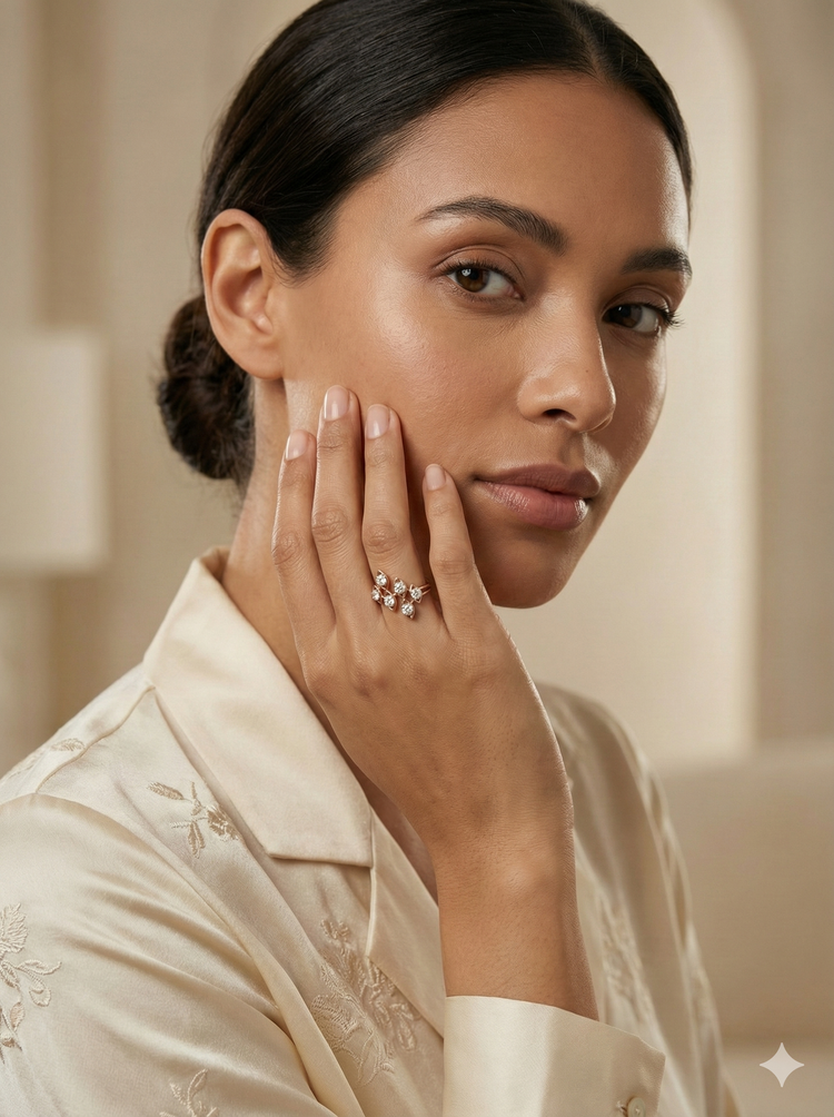 The Rose Gold Geometric Diamond Leaf Cluster Ring
