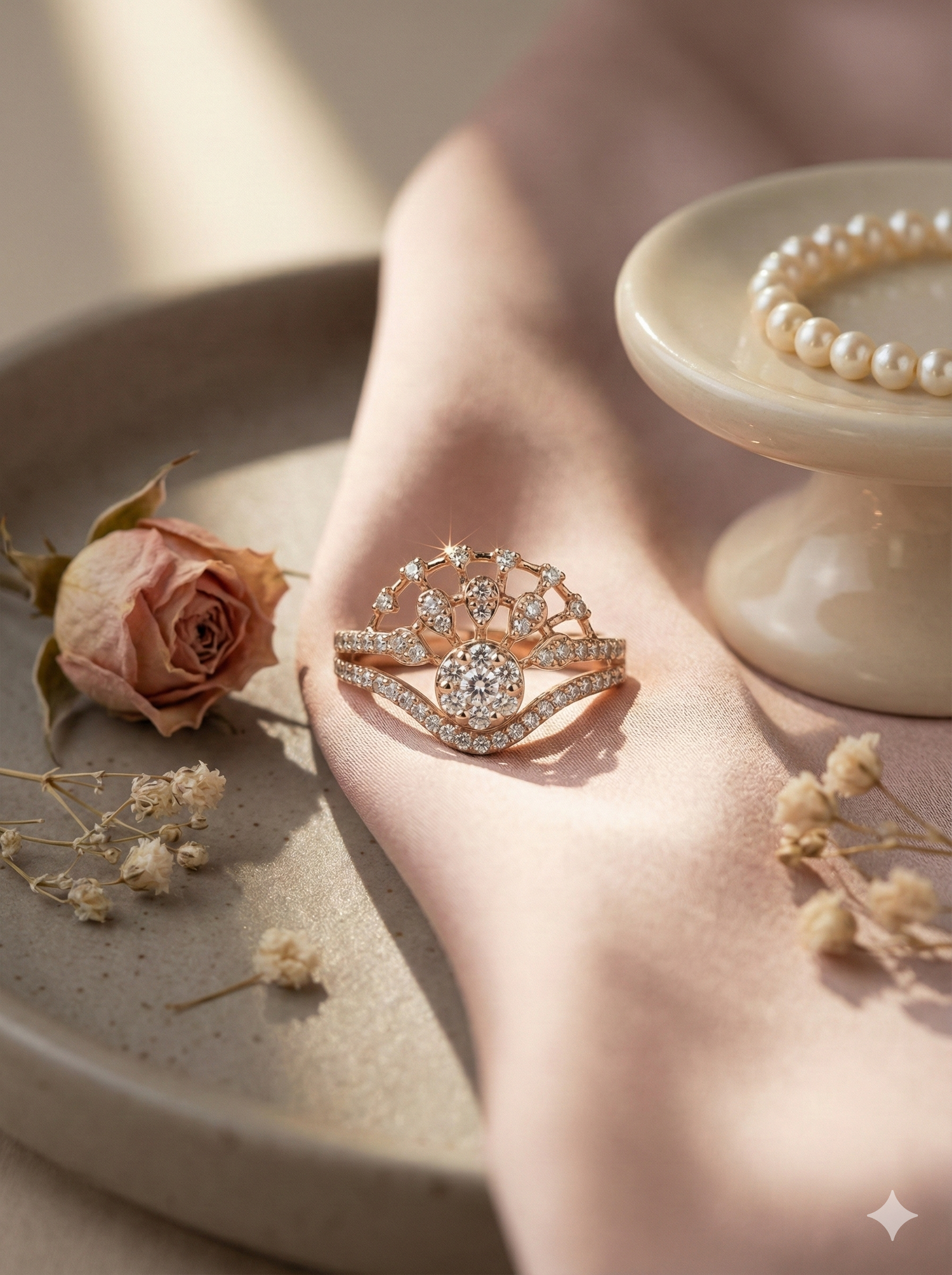 The Rose Gold Diamond Teardrop Fan Tiara Ring