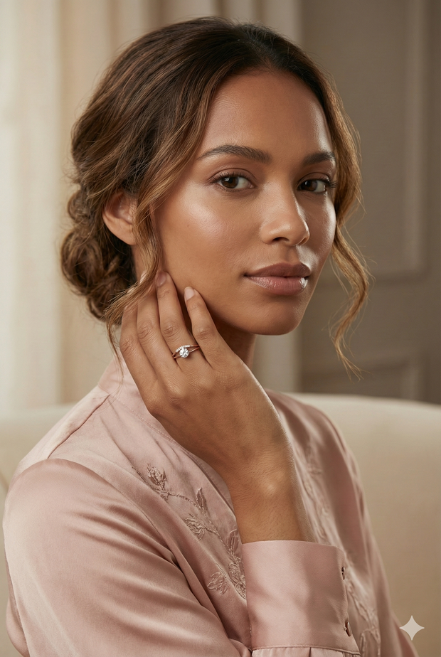 The Rose Gold Round Diamond Solitaire Ring with Pave Bridge