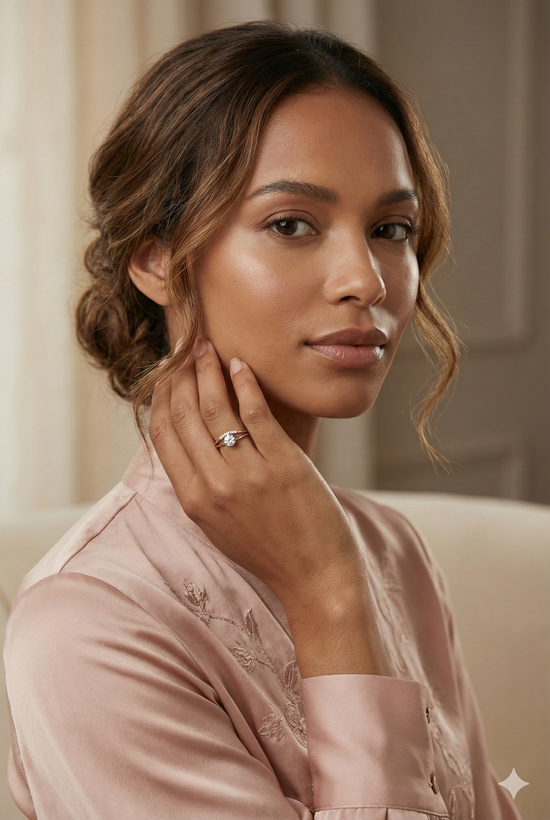 The Rose Gold Round Diamond Solitaire Ring with Pave Bridge