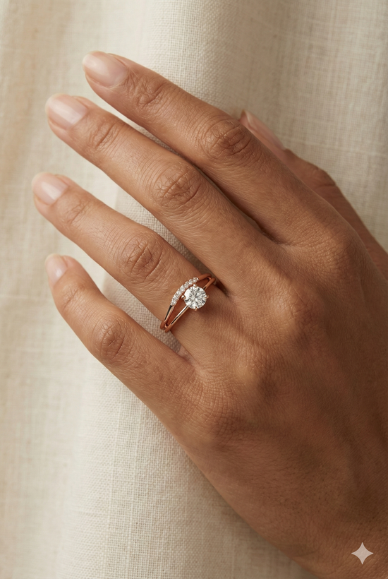 The Rose Gold Round Diamond Solitaire Ring with Pave Bridge