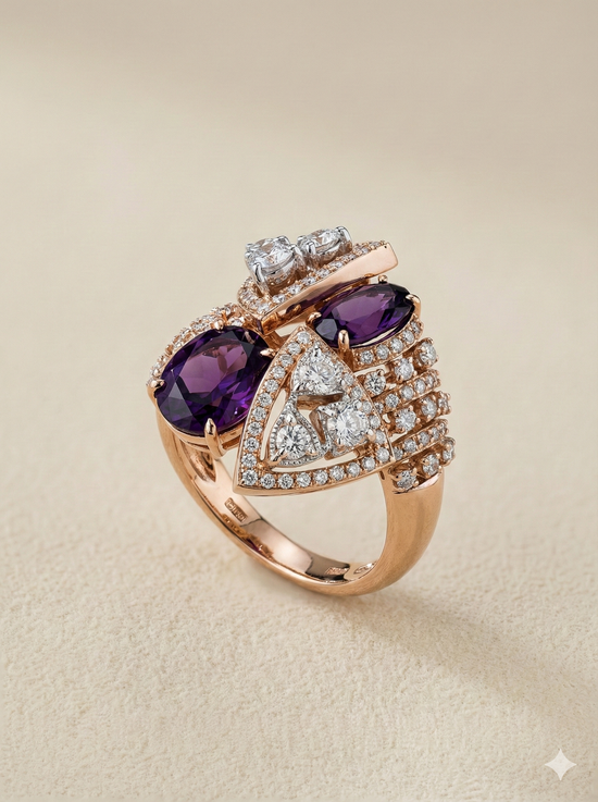 The Rose Gold Amethyst & Trillion Diamond Geometric Statement Ring