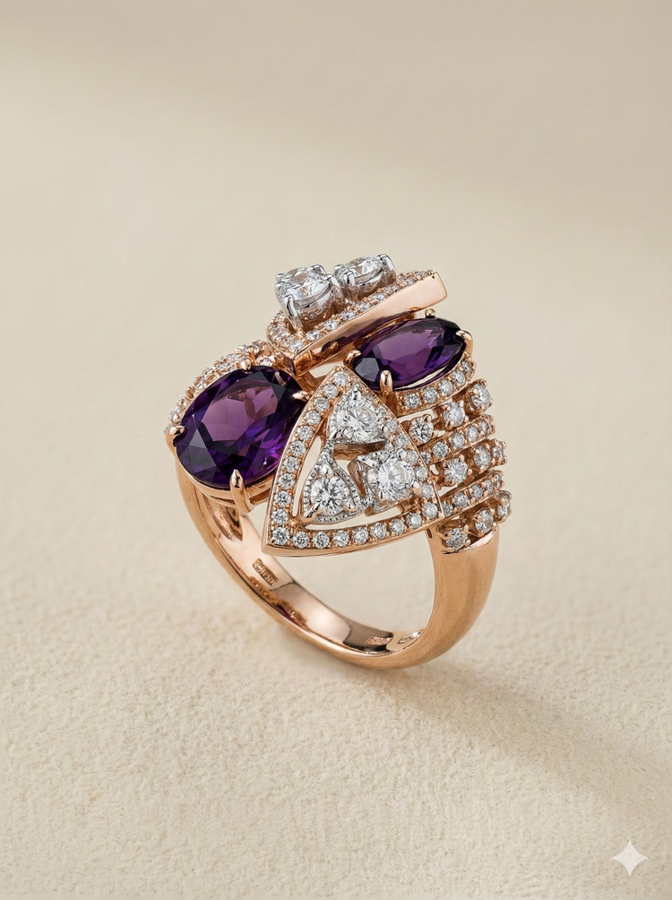 The Rose Gold Amethyst & Trillion Diamond Geometric Statement Ring