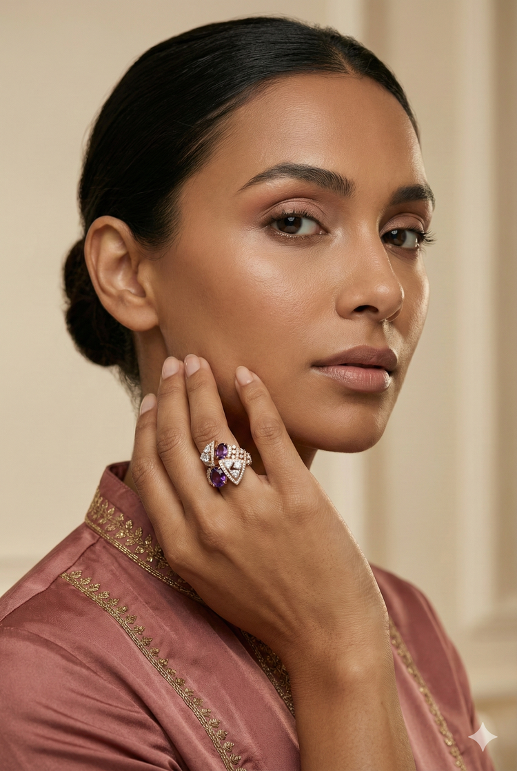 The Rose Gold Amethyst & Trillion Diamond Geometric Statement Ring