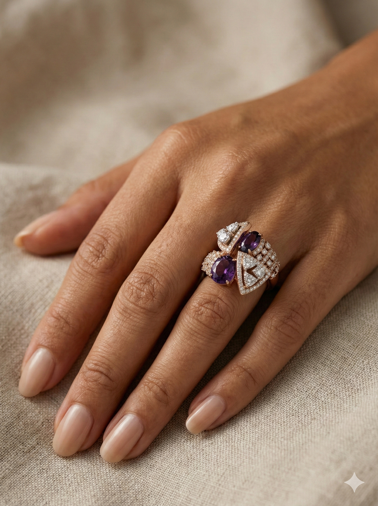 The Rose Gold Amethyst & Trillion Diamond Geometric Statement Ring