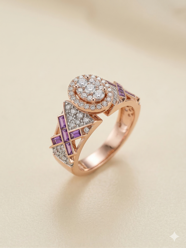 The Rose Gold Amethyst & Diamond Geometric X Band Ring