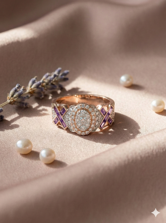The Rose Gold Amethyst & Diamond Geometric X Band Ring
