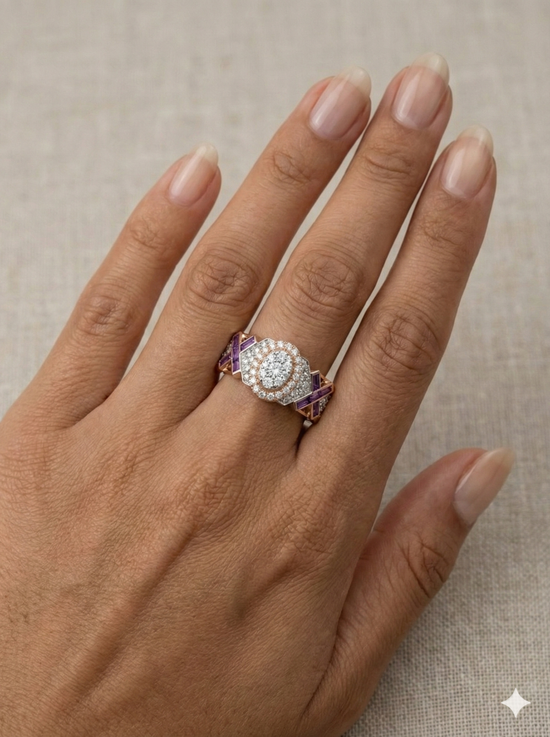 The Rose Gold Amethyst & Diamond Geometric X Band Ring