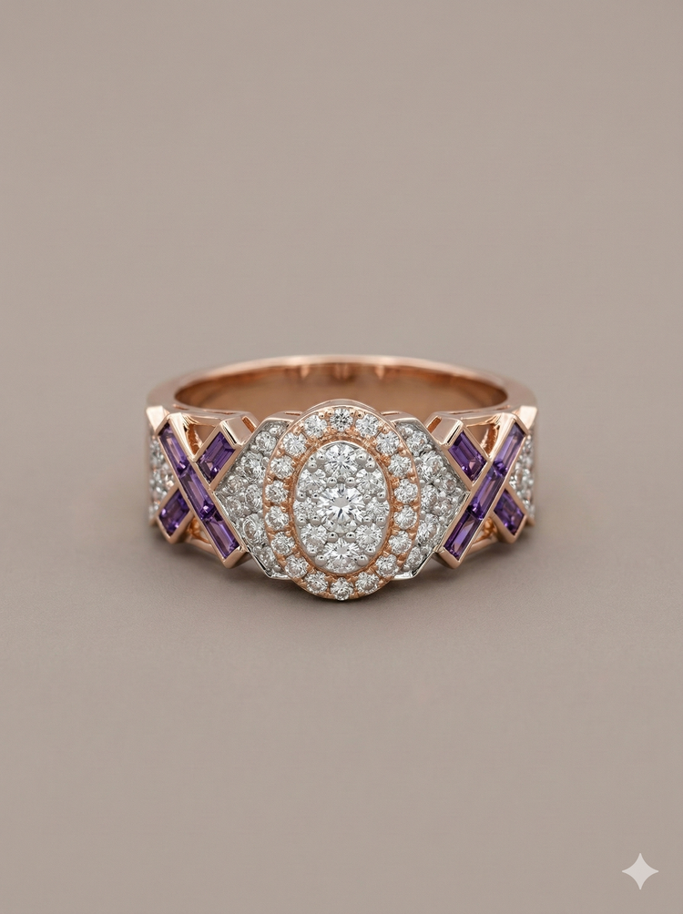 The Rose Gold Amethyst & Diamond Geometric X Band Ring