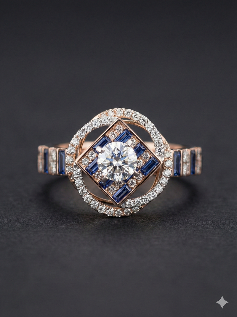The Rose Gold Geometric Sapphire & Diamond Art Deco Ring