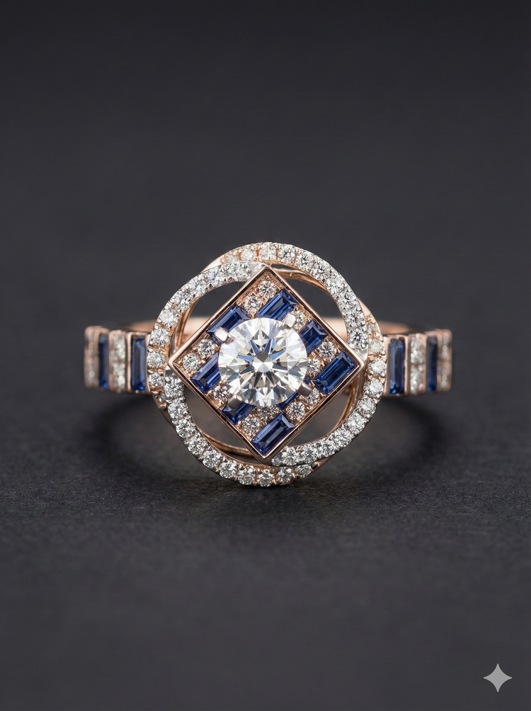 The Rose Gold Geometric Sapphire & Diamond Art Deco Ring