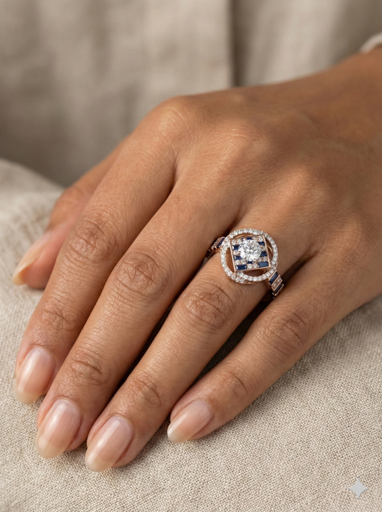 The Rose Gold Geometric Sapphire & Diamond Art Deco Ring