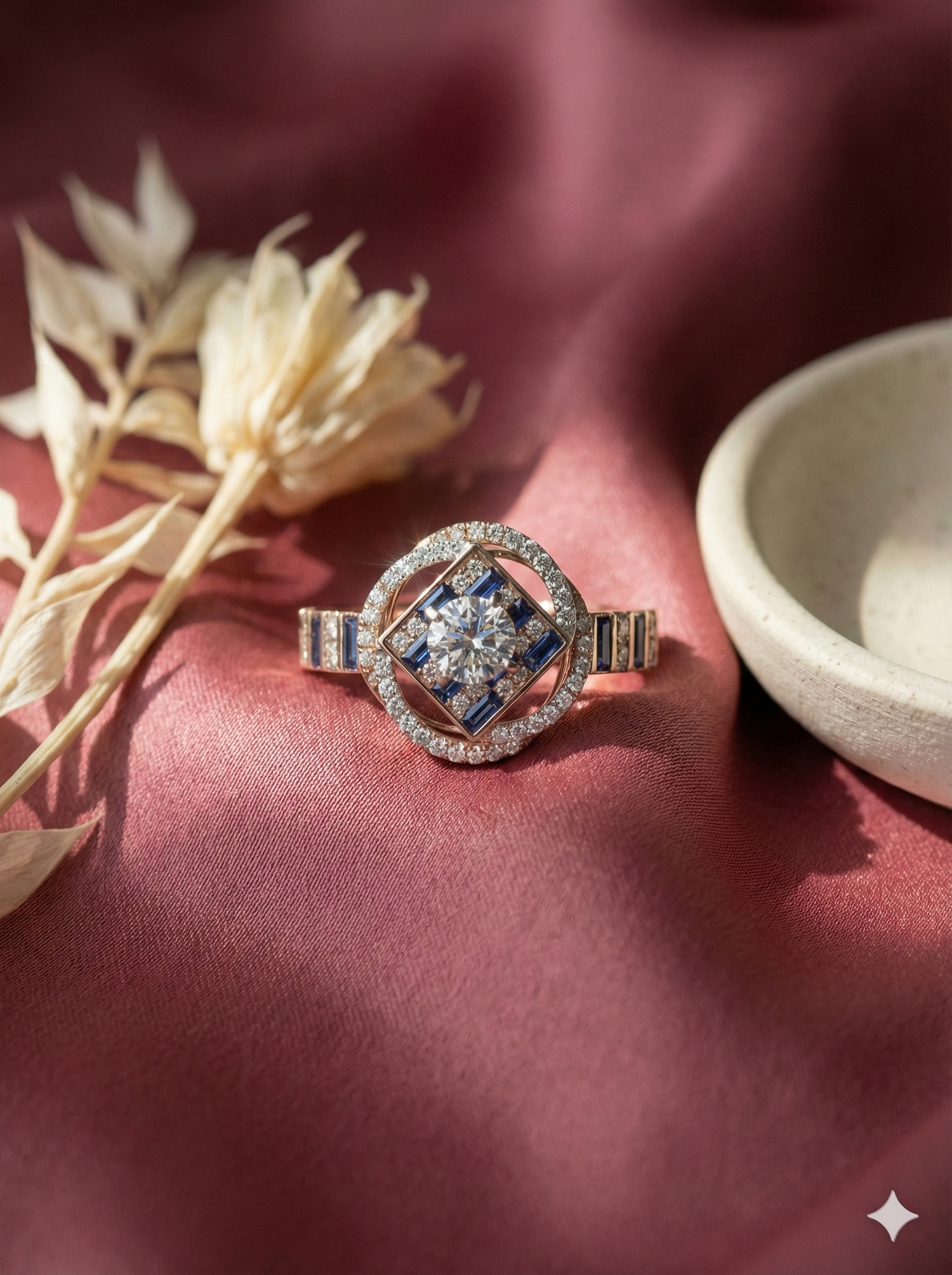 The Rose Gold Geometric Sapphire & Diamond Art Deco Ring