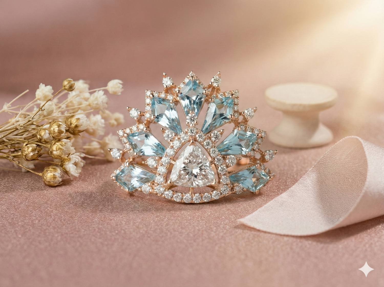 The Rose Gold Aquamarine & Trillion Diamond Sunburst Ring