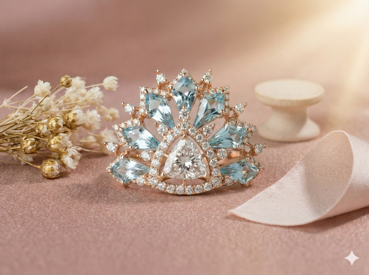The Rose Gold Aquamarine & Trillion Diamond Sunburst Ring