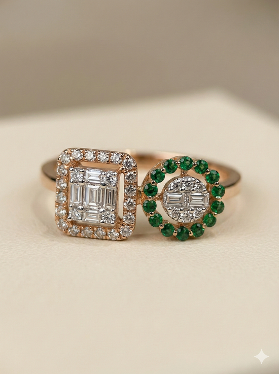 The Rose Gold Diamond & Emerald Toi et Moi Geometric Ring