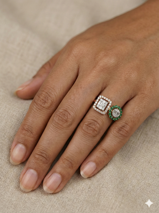 The Rose Gold Diamond & Emerald Toi et Moi Geometric Ring